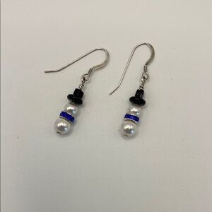 Glass pearl and Swarovski crystal snowman Black and Blue Earrings